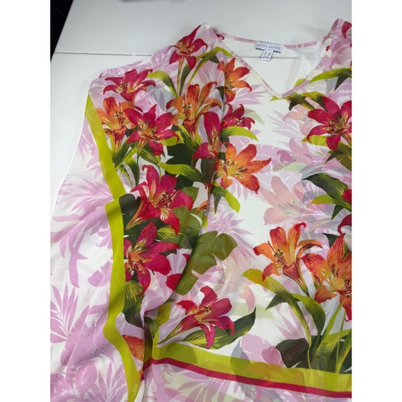 Susan Graver Floral Print V Neck Caftan Top 2X 3XL Pink Orange Green - Picture 7 of 13
